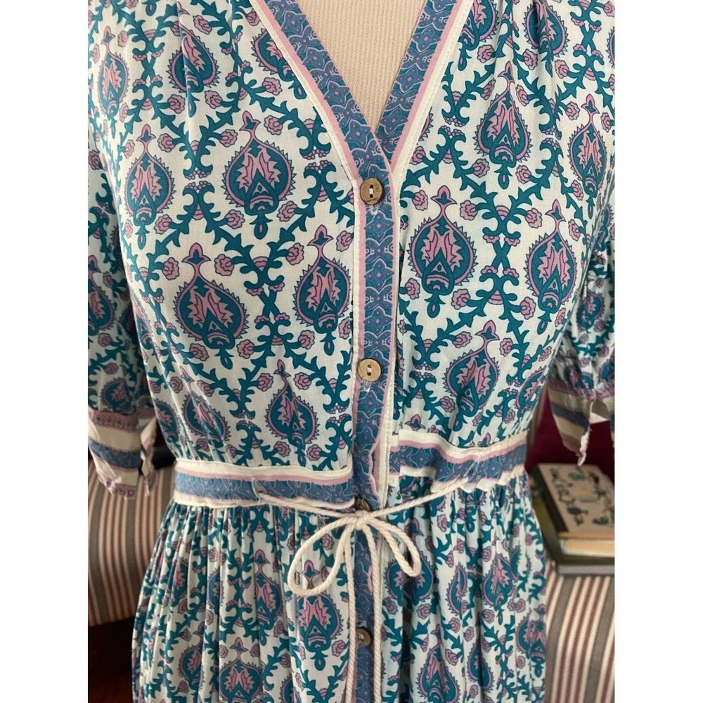 FP TO LOVE Boho Blue Pink Paisley‎ Button Front Tiered Midi Dress SZ M